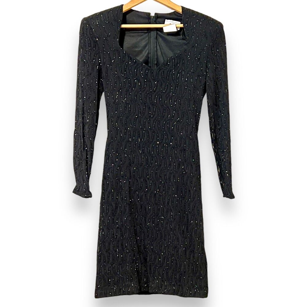 Niki Originals Black Sparkly Formal Mini Dress Women 8 Shoulder Pads Vintage 80s